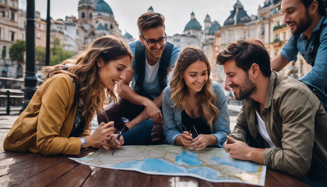 A diverse group of tourists plan their trip together, using a map and discussing their options.