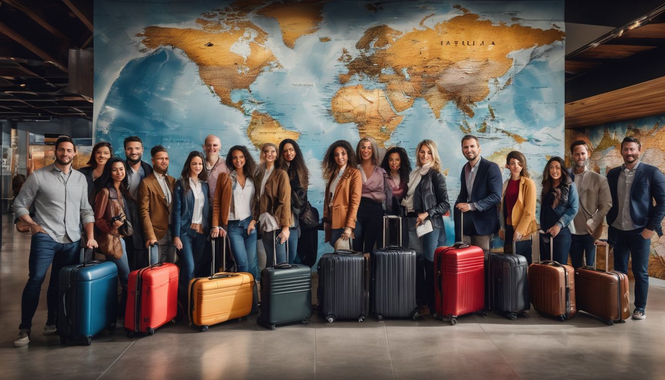 A diverse group of travelers poses in front of a world map mural, ready for adventure.