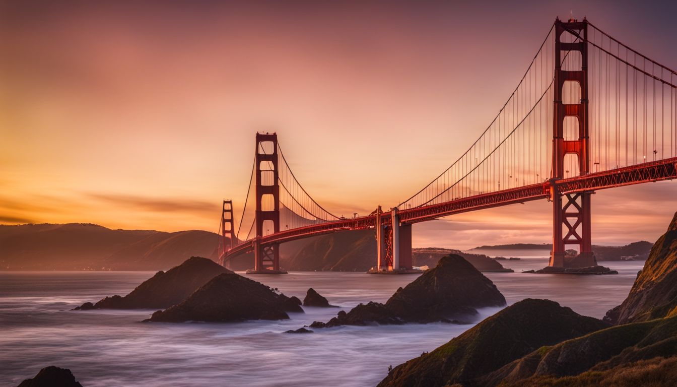 A stunning photo capturing the Golden Gate Bridge at sunset.