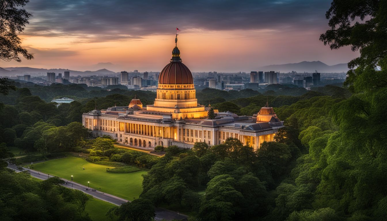 A picturesque photo of the National Parliament Building surrounded by lush greenery, capturing a bustling atmosphere at sunset.
