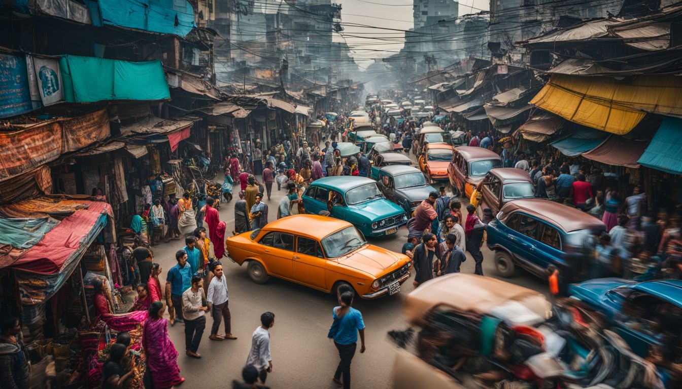 A lively city street in Dhaka with cars, pedestrians, and colorful buildings.