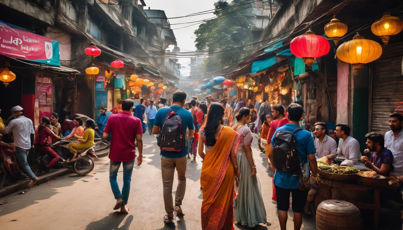 A group of tourists exploring the vibrant streets of Dhaka, capturing the bustling atmosphere and diverse faces.