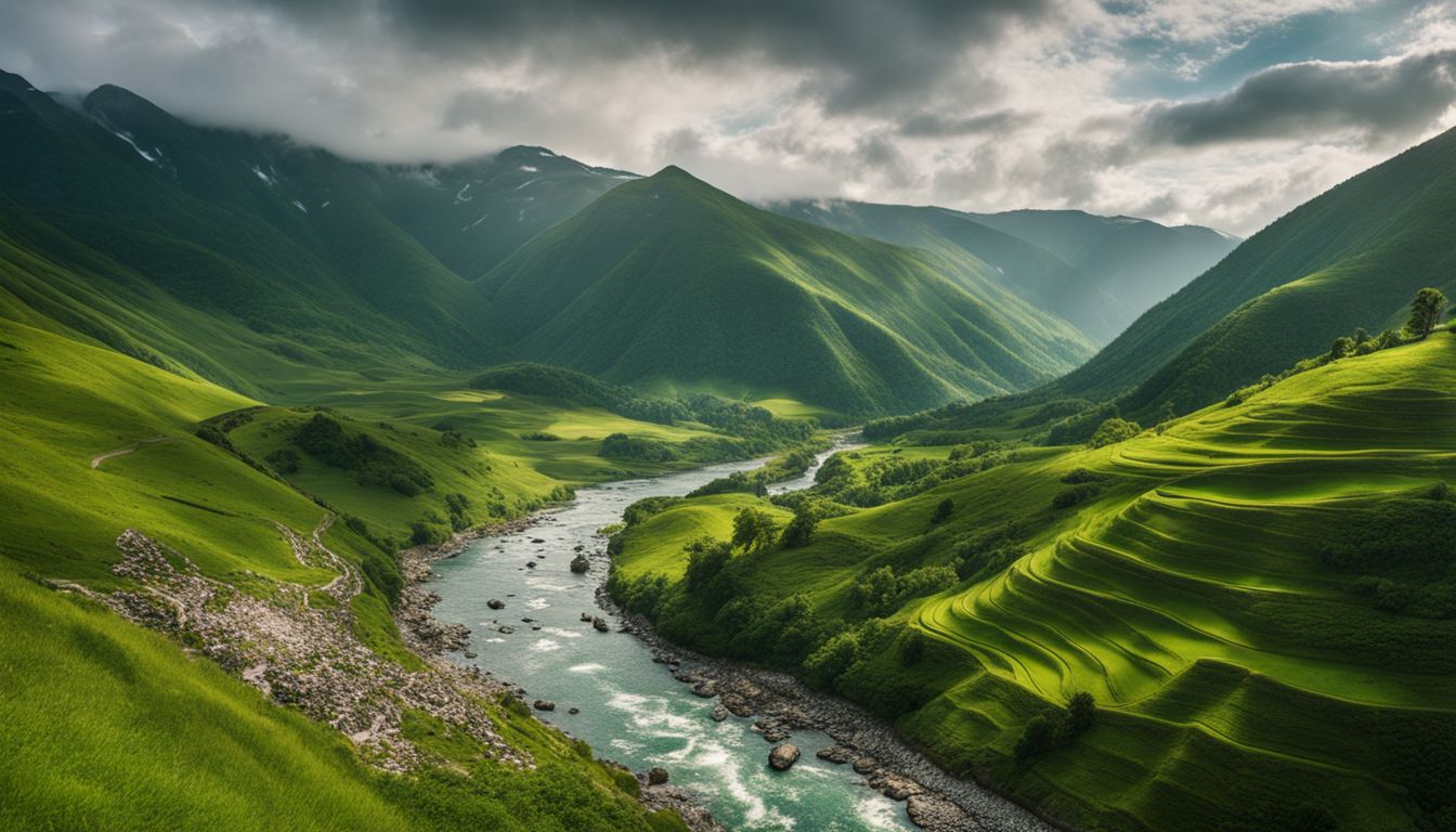 A photo of lush green mountains with a winding river and a bustling atmosphere.
