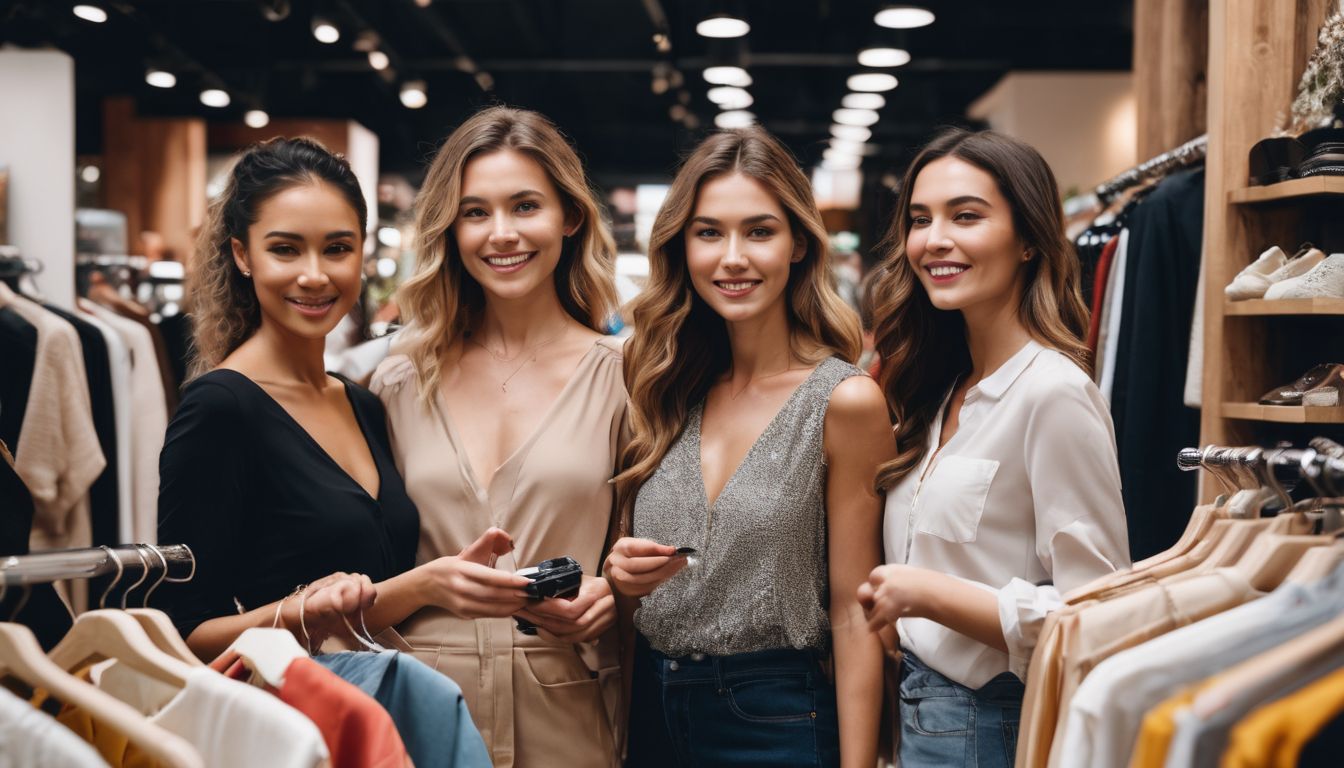 A diverse group of women shop together in a busy clothing store.