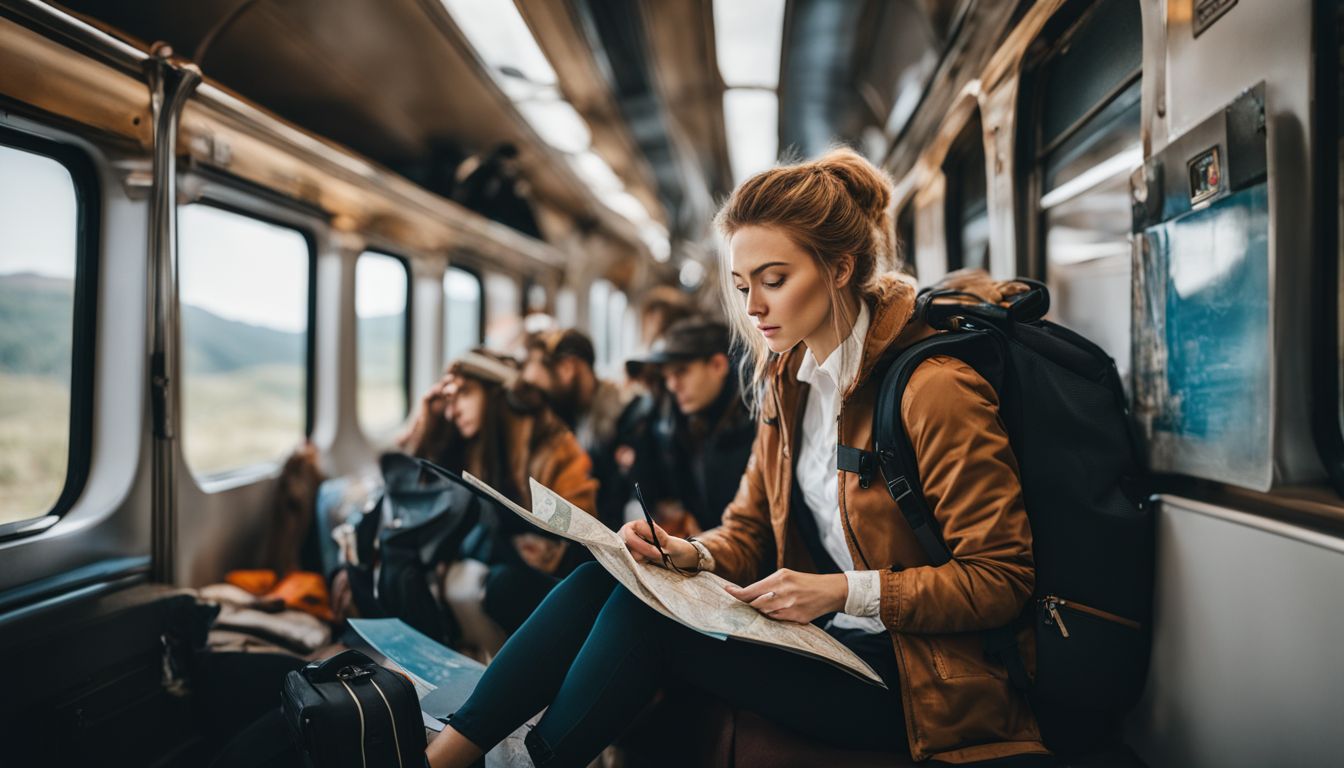 A traveler is seen on a train, looking at a map with a backpack and camera beside them.