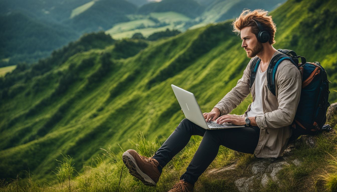A backpacker enjoys the lush greenery while working on their laptop in a bustling outdoor setting.