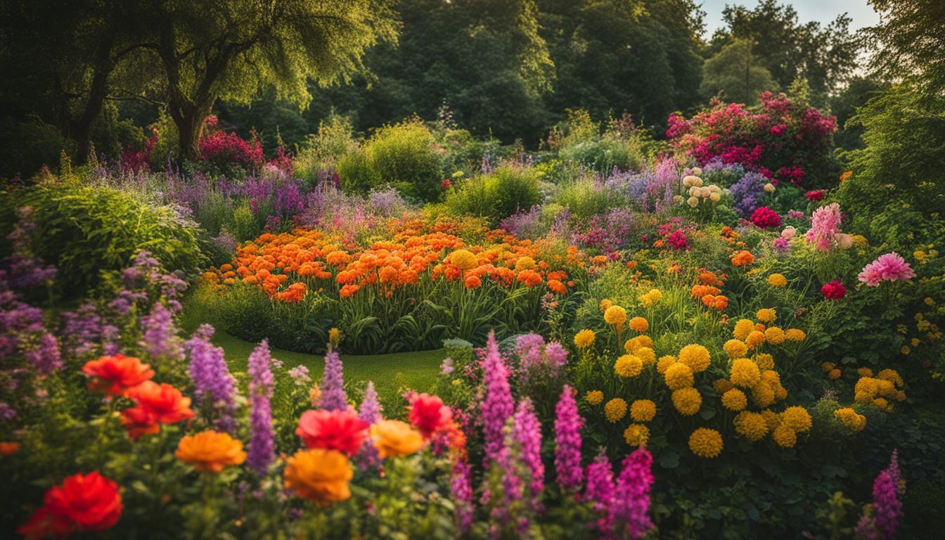 A vibrant flower garden with a variety of colorful blooms surrounded by lush greenery, attracting people from different backgrounds and interests.