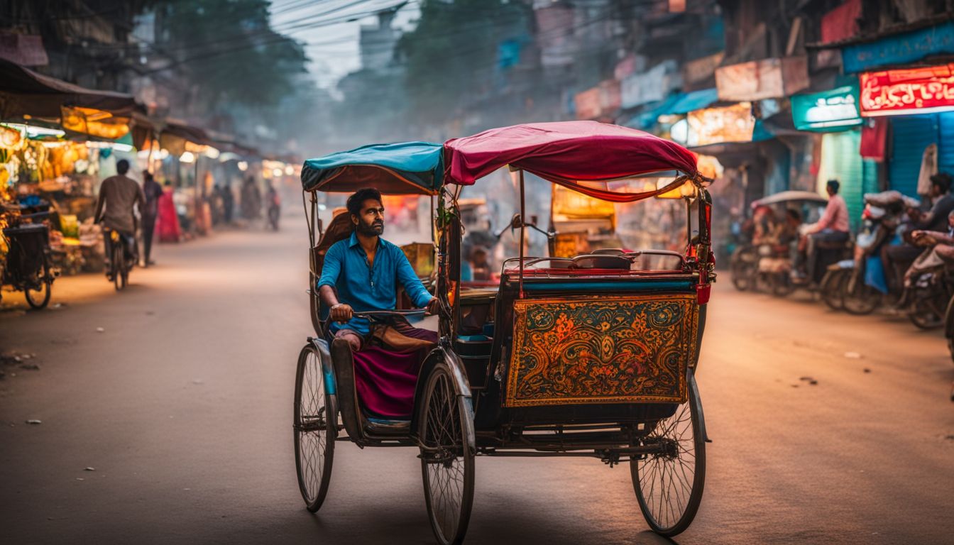 A traditional rickshaw parked in a vibrant market in Dhaka City, with a bustling atmosphere and diverse individuals.