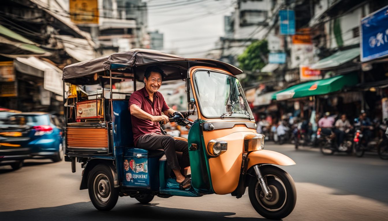 A tuk-tuk driver smiles as he navigates the bustling streets of Bangkok in a well-lit and vibrant cityscape.