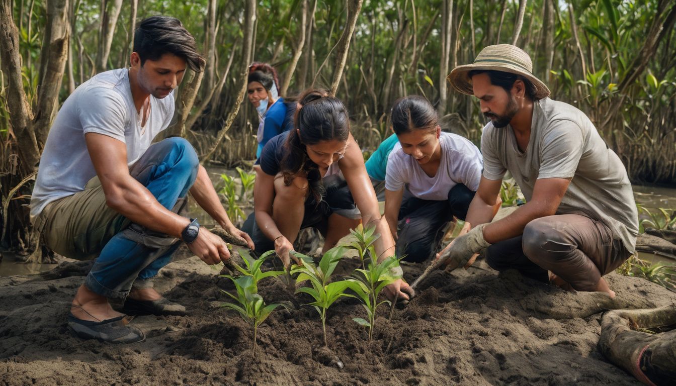A diverse group of volunteers are planting trees in the Sundarbans.
