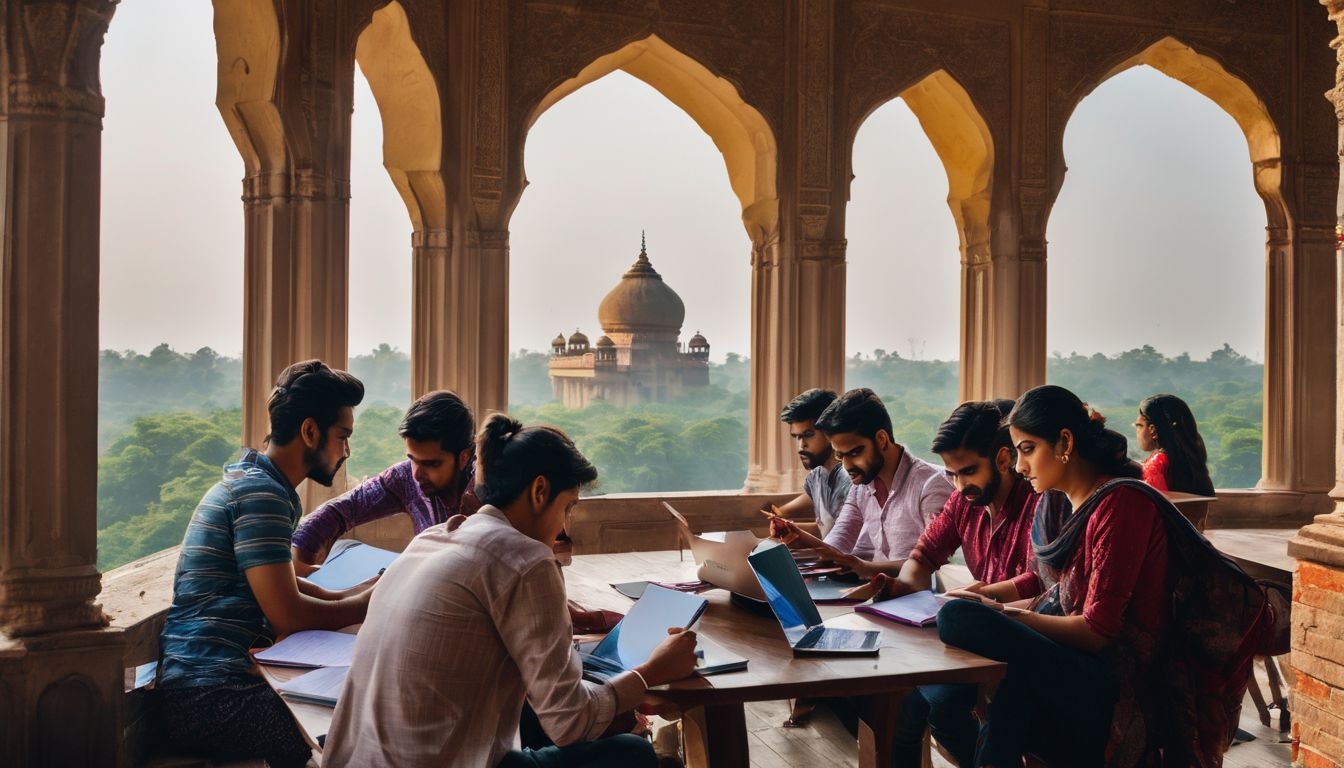 A diverse group of students studying at the University of Rajshahi surrounded by beautiful architecture.