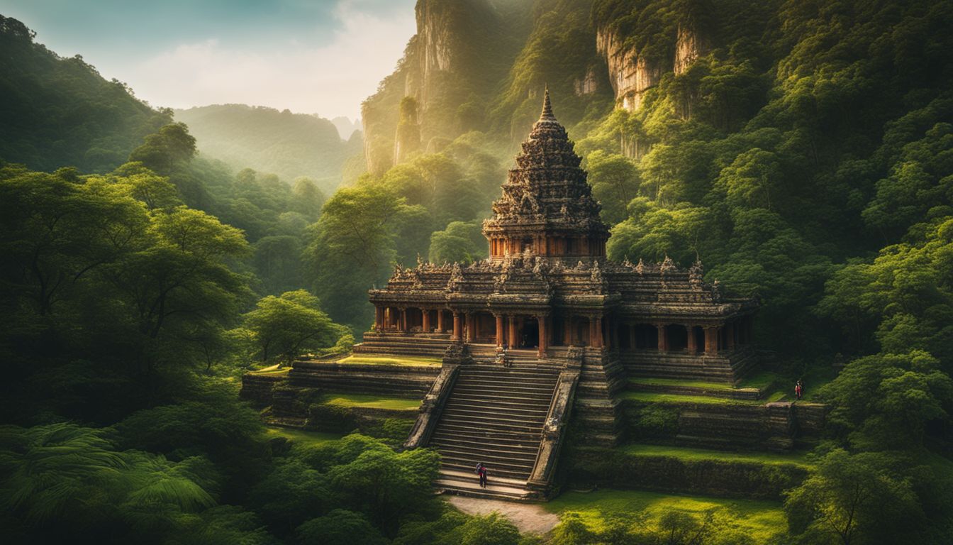 A photo of an ancient temple surrounded by lush greenery with a bustling atmosphere.