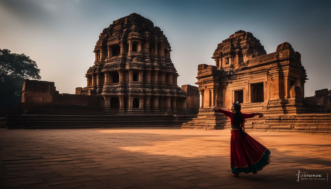 A photo of a traditional dancer against the backdrop of ancient ruins, capturing the vibrant culture and movement.