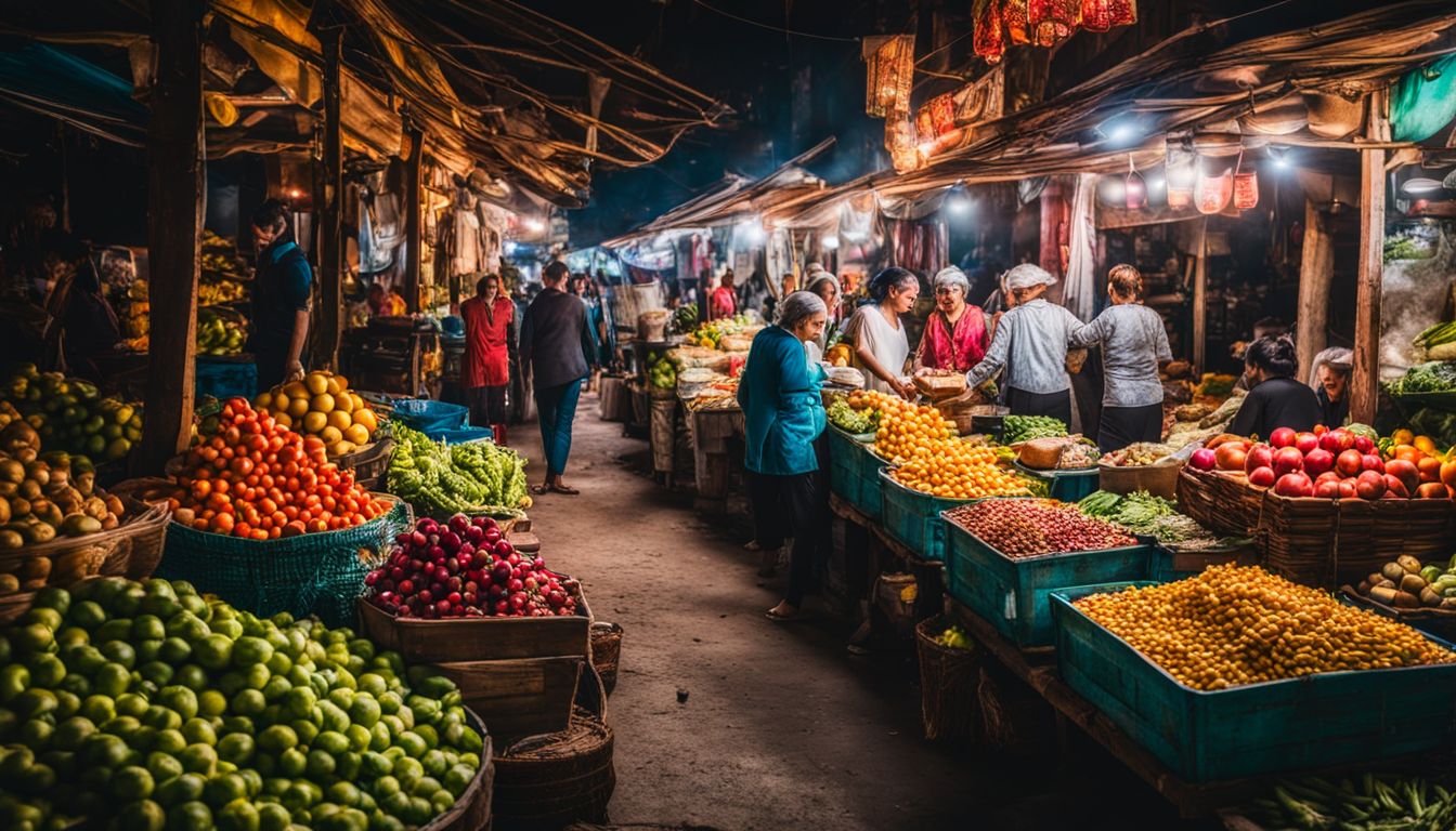 A vibrant street market in Ramna Thana filled with locals and colorful produce, captured in a stunning photograph.