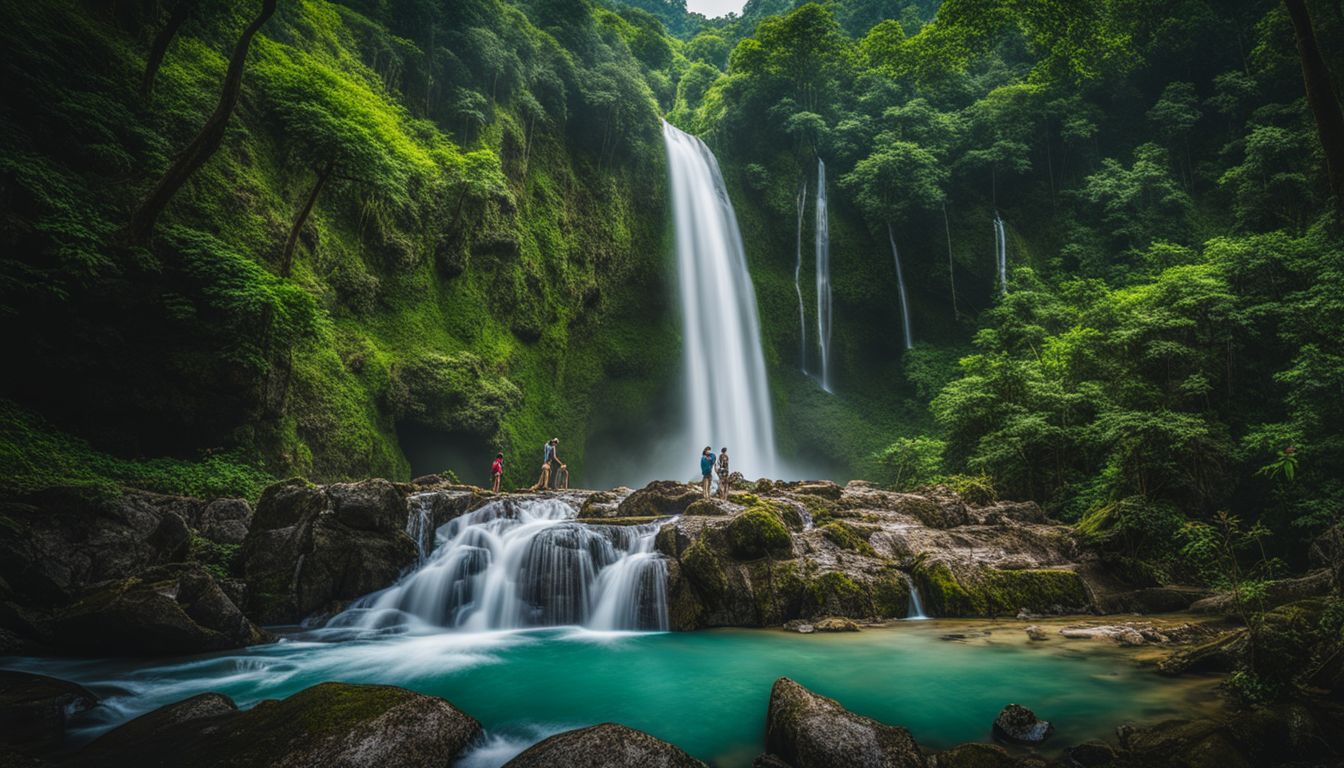 A photo of the stunning Shuvolong Waterfalls surrounded by lush greenery and a bustling atmosphere.