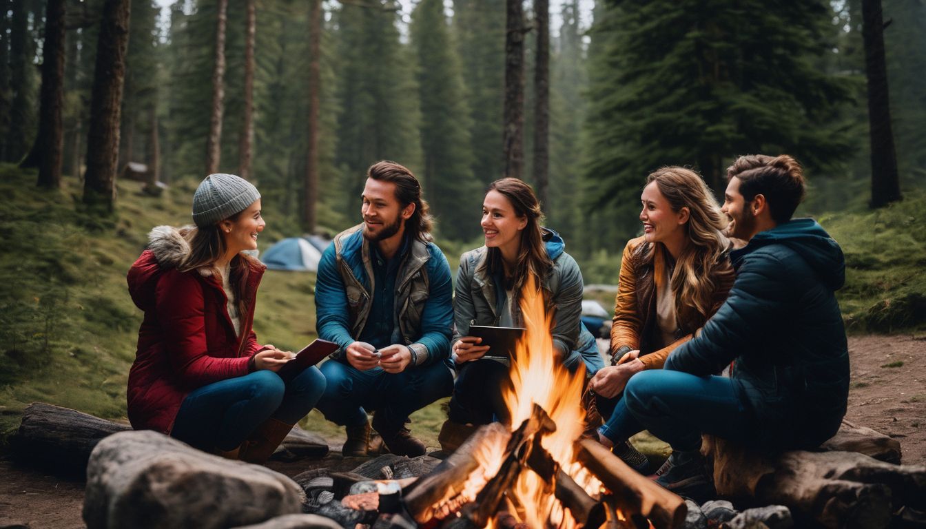 A diverse group of travelers gather around a campfire, sharing stories and reading online reviews together.