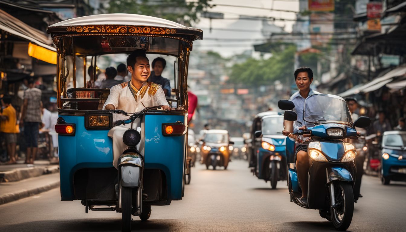 A photo of a Tuk-tuk driver in traditional Thai attire navigating through the busy streets of Bangkok.