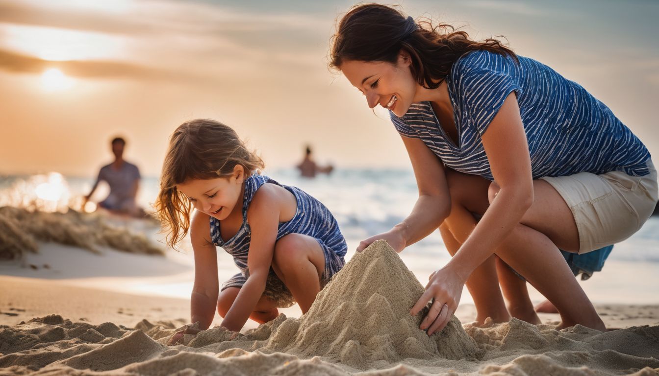 A happy family enjoys building sandcastles together on a beautiful beach.
