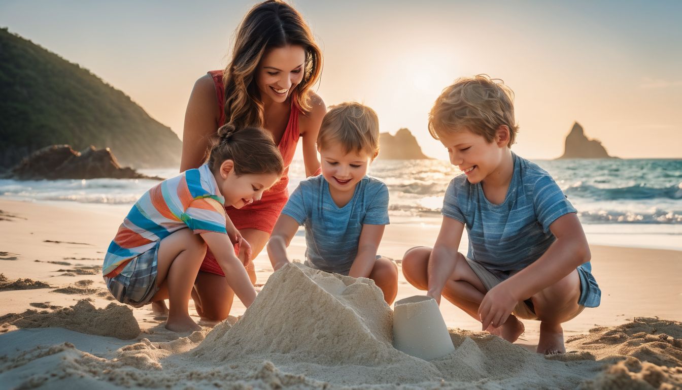 A happy family enjoying a day at the beach, building sandcastles and surrounded by clear blue waters.