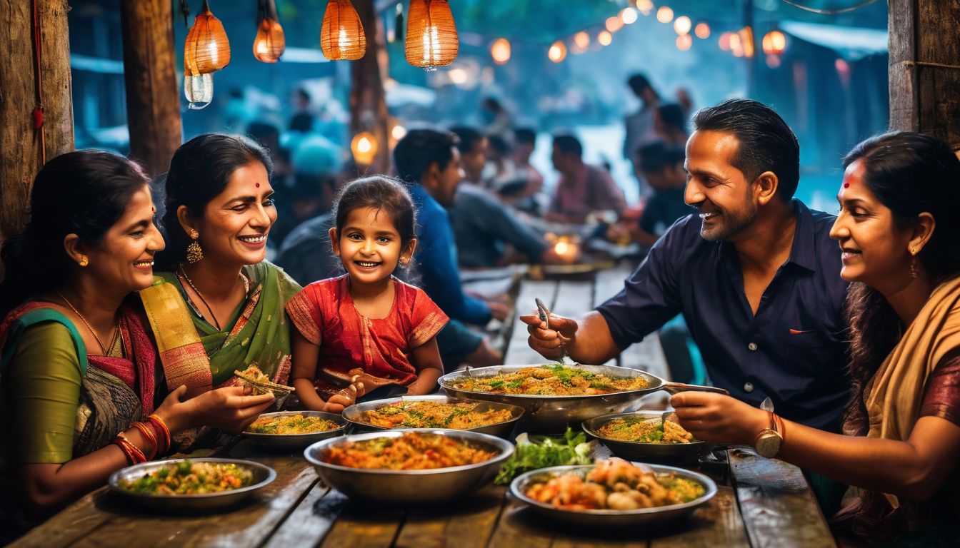 A happy family enjoying a delicious seafood meal at Sundarbans Fish Bazar.