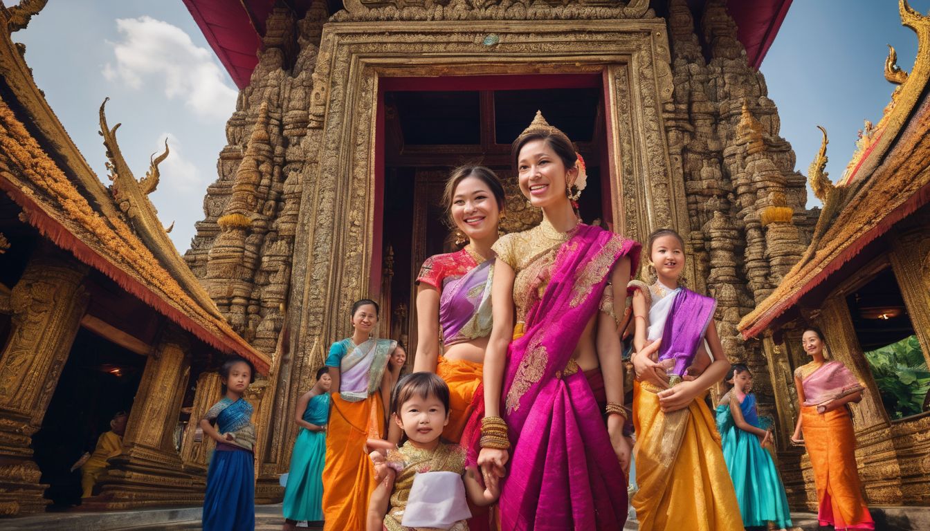 A joyful family explores a vibrant Thai temple, capturing the bustling atmosphere and stunning colors.