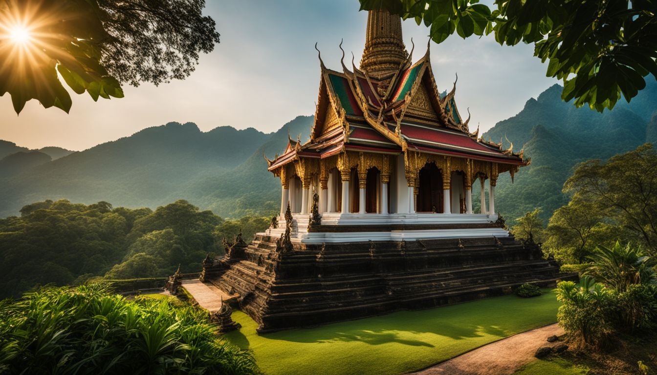 A traditional Thai temple surrounded by greenery with people of various appearances and styles.