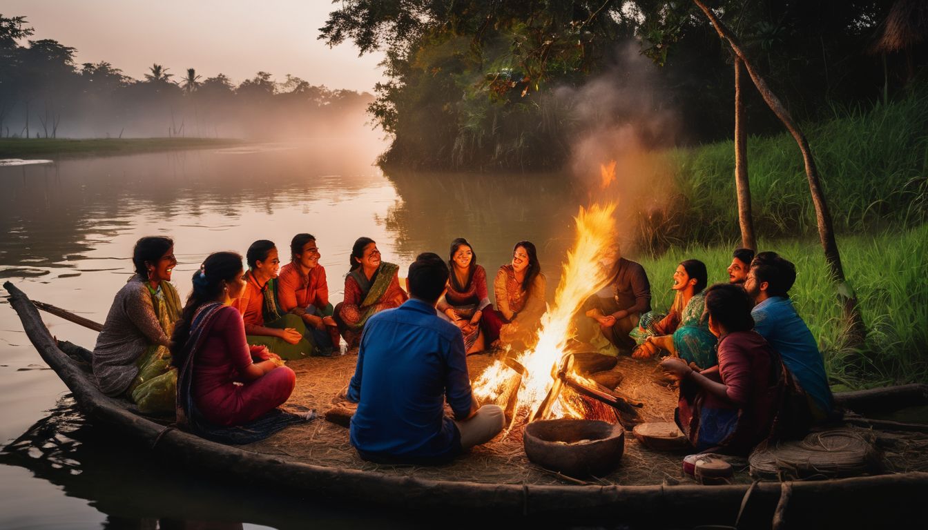 A diverse group of travelers gather around a bonfire in the Barisal backwater, enjoying laughter and stories.