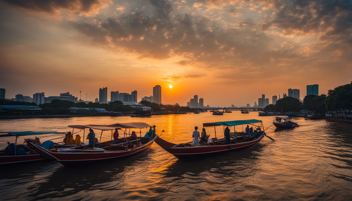 A picturesque riverside view at sunset with boats sailing on the Bangkok River.