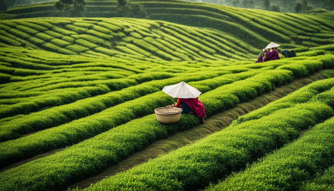 A picturesque tea garden in Sylhet, Bangladesh, with rows of lush green tea bushes.