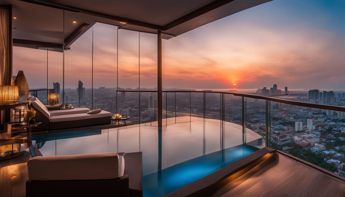A photo of a luxurious suite with a panoramic view of Pattaya's skyline at sunset.