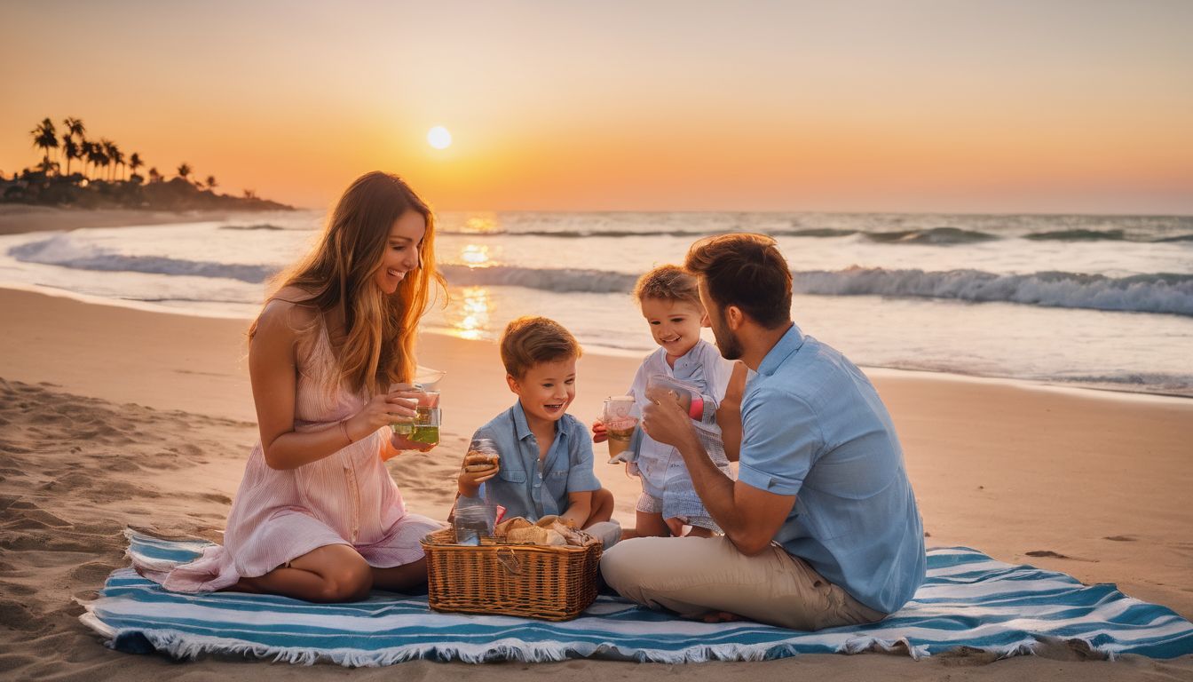 A diverse family enjoys a picnic on the beach at sunset while surrounded by palm trees.