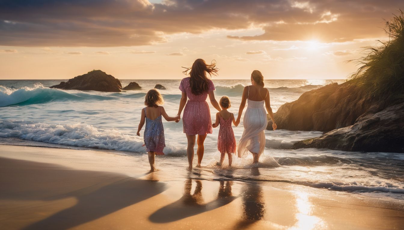 A joyful family having fun at a vibrant beach, captured in a high-quality, detailed photograph.