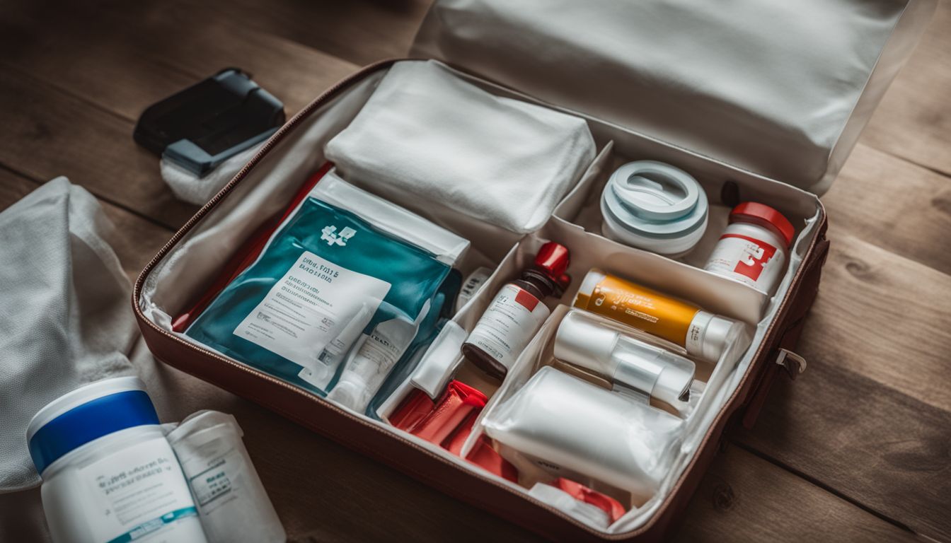 A well-stocked first aid kit is displayed on a wooden table in a vibrant and lively environment.