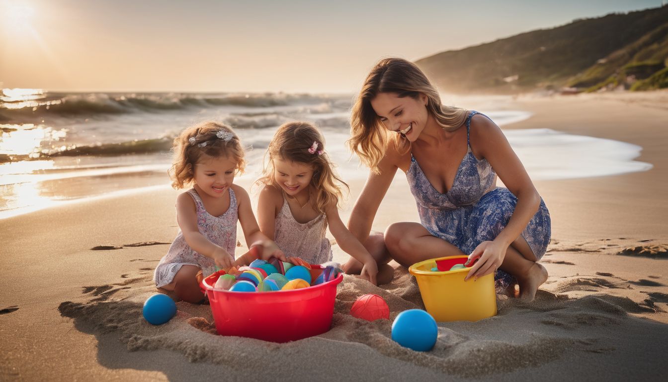 A happy family plays on a sandy beach with beach toys in a well-lit, bustling atmosphere.