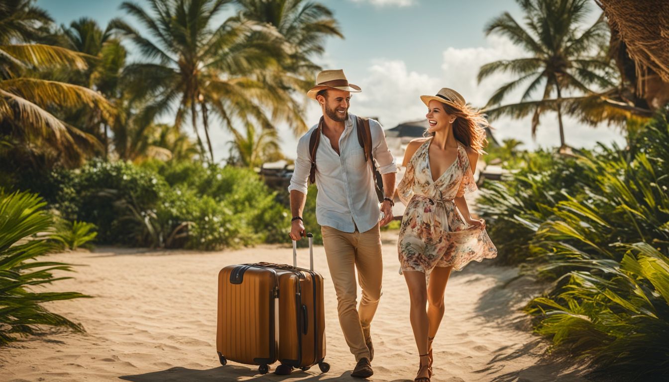 A couple excitedly explores a tropical destination, ready for adventure and discovery.