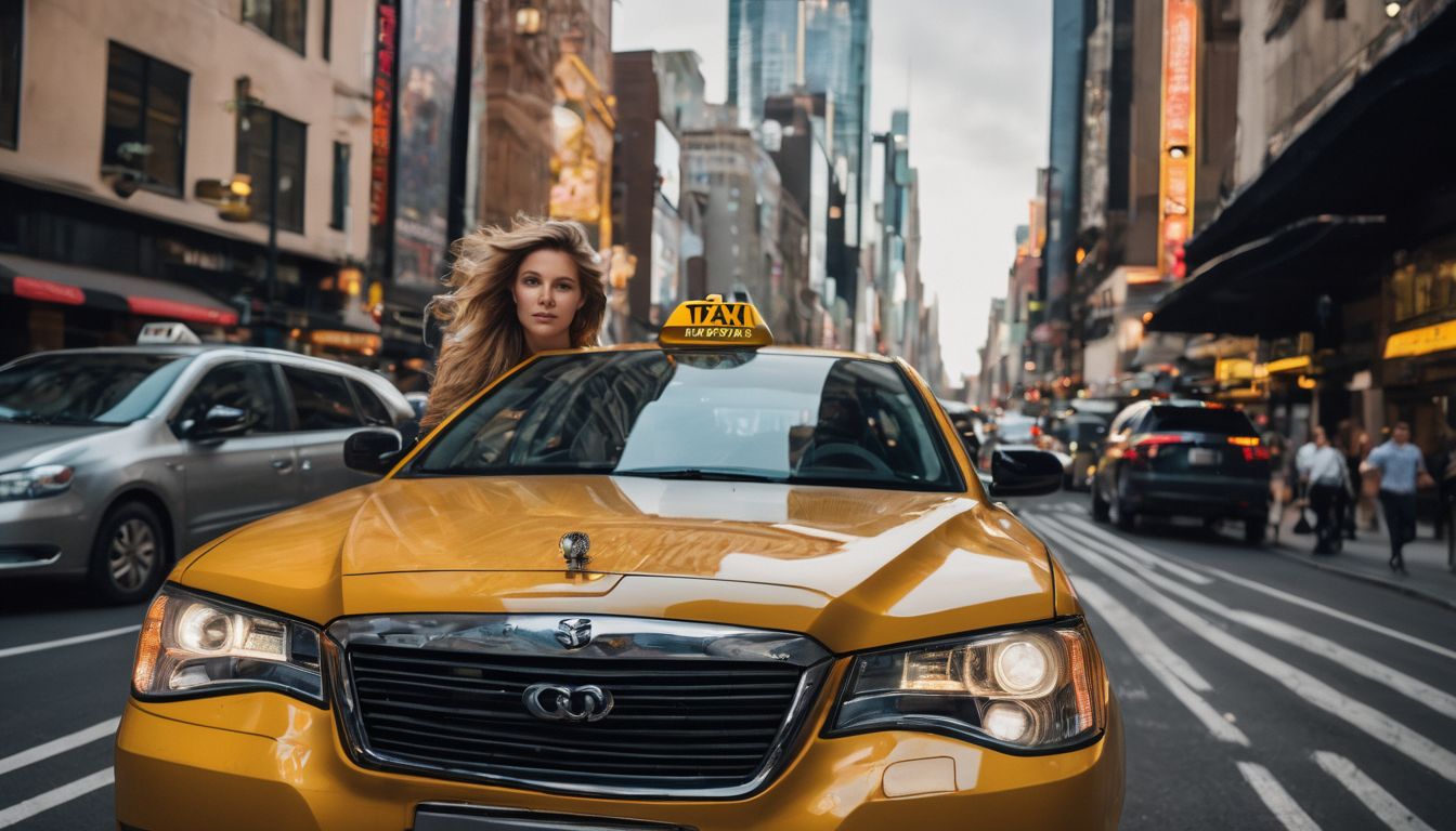 A person sitting comfortably in a taxi in a bustling cityscape, captured in a high-quality photo.