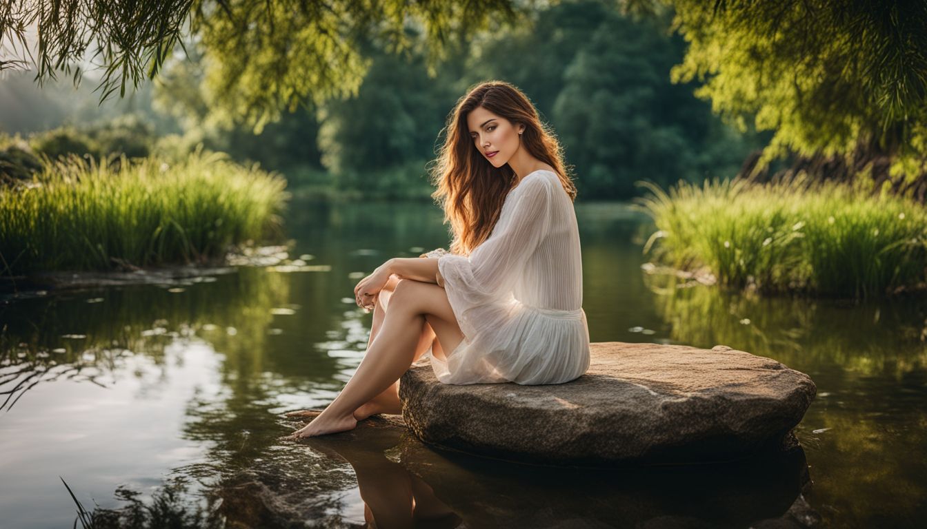 A woman sitting by a serene pond surrounded by lush greenery, with a bustling atmosphere.