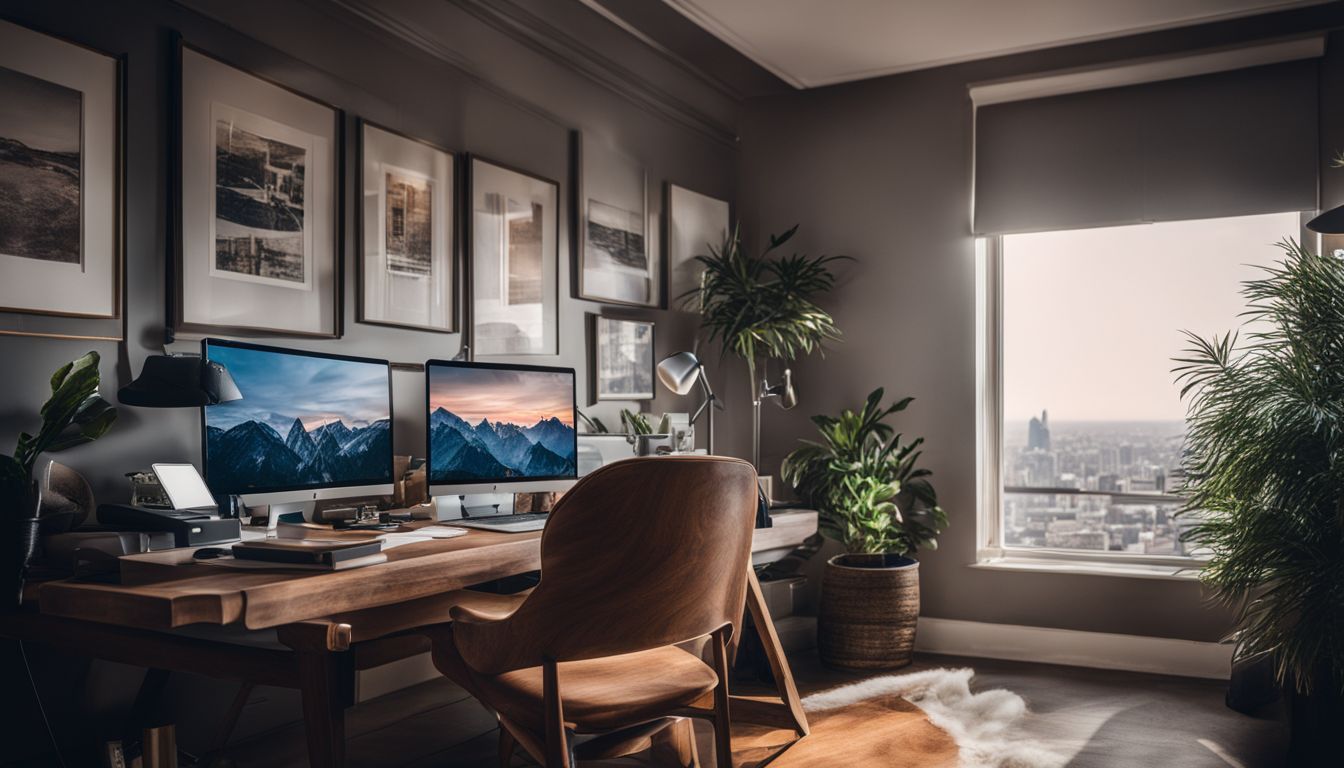 A well-organized home office with various people and equipment.