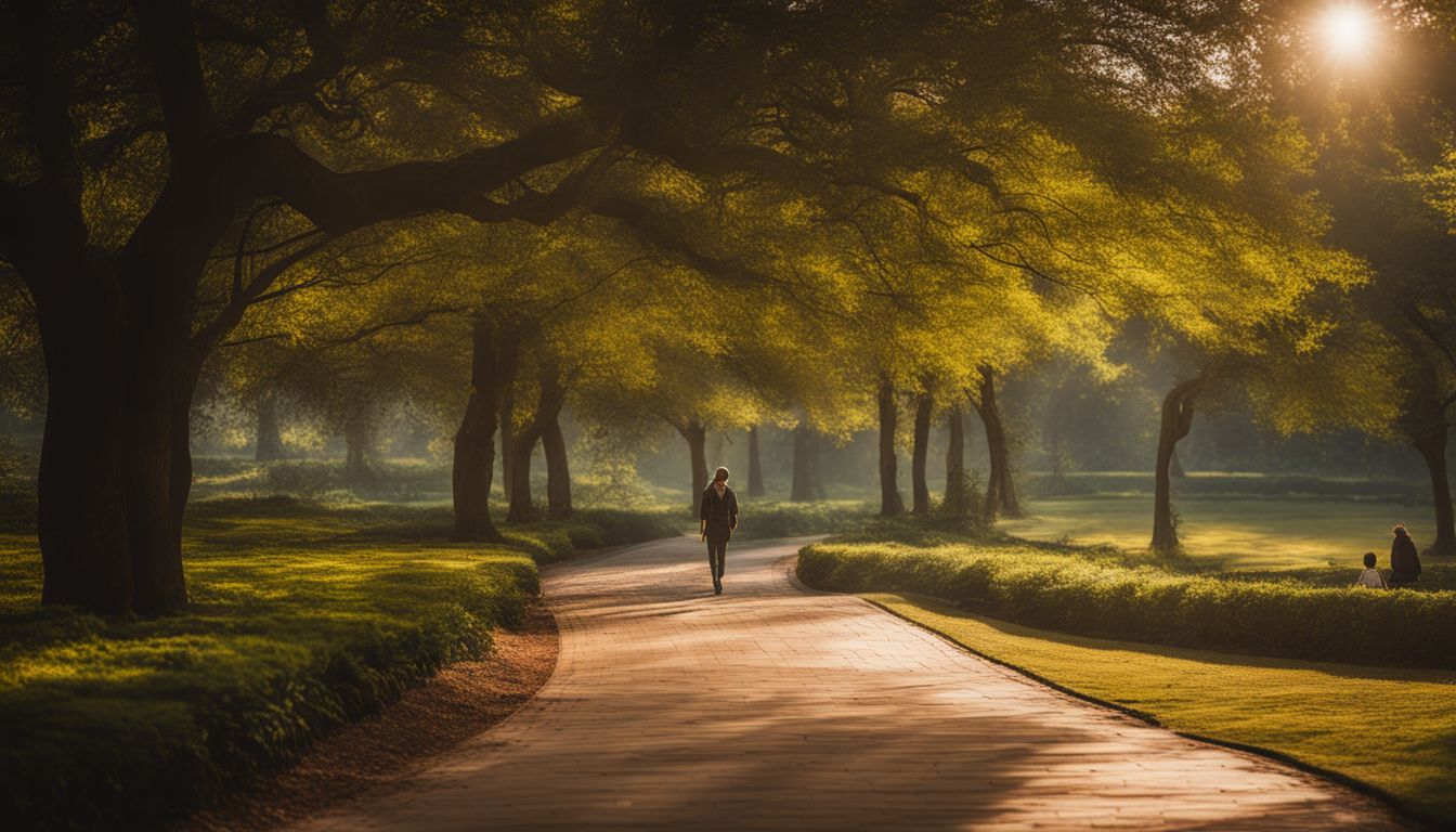 A person walks alone on a shaded path in Ramna Park, capturing the bustling atmosphere and natural beauty.