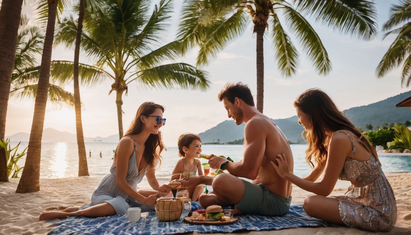A family enjoys a poolside picnic with the Sheraton Samui Resort backdrop in a bustling atmosphere.