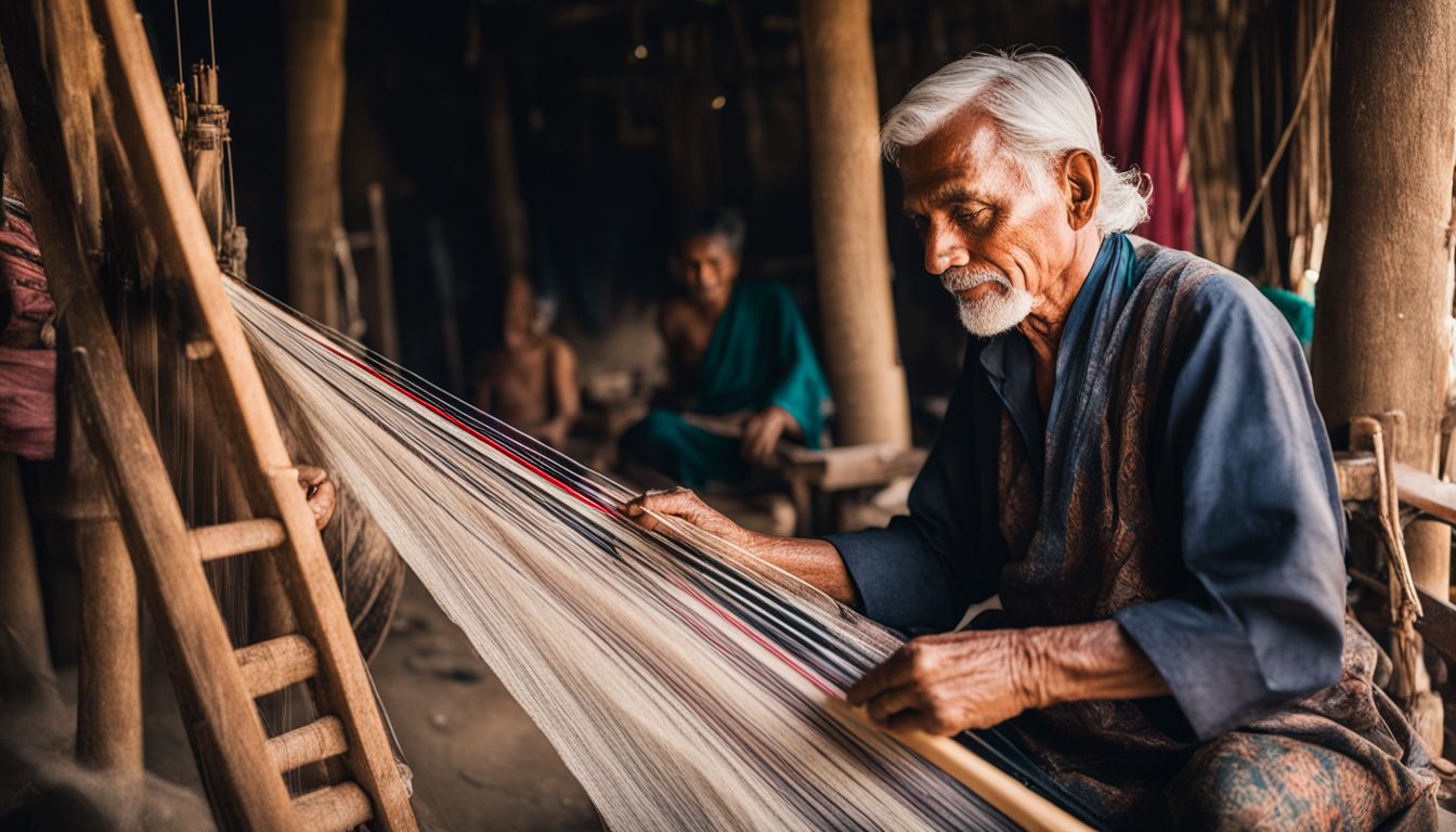 An elderly man in a rustic village weaving traditional Bangladeshi fabric on a loom.