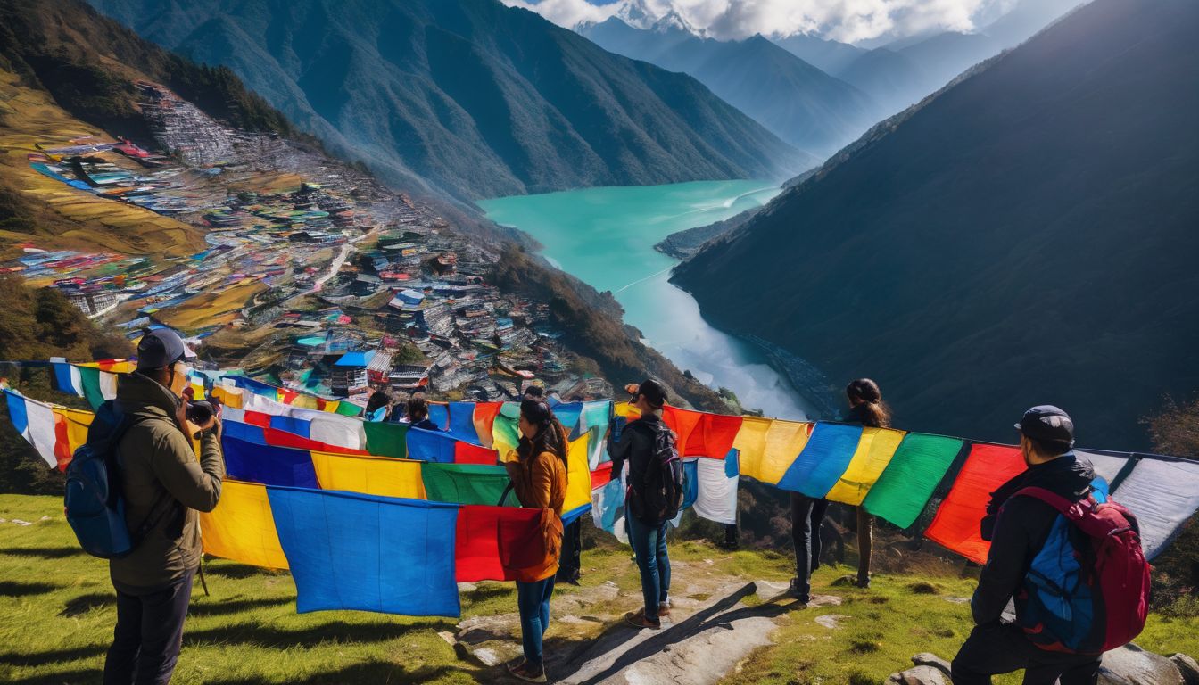 A group of tourists pose in front of colorful prayer flags with the picturesque landscape of Gangtok & Lachung Tour in the background.