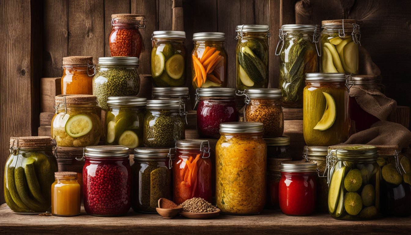 An assortment of colorful jars filled with specialty pickles and spices arranged on a rustic wooden shelf.