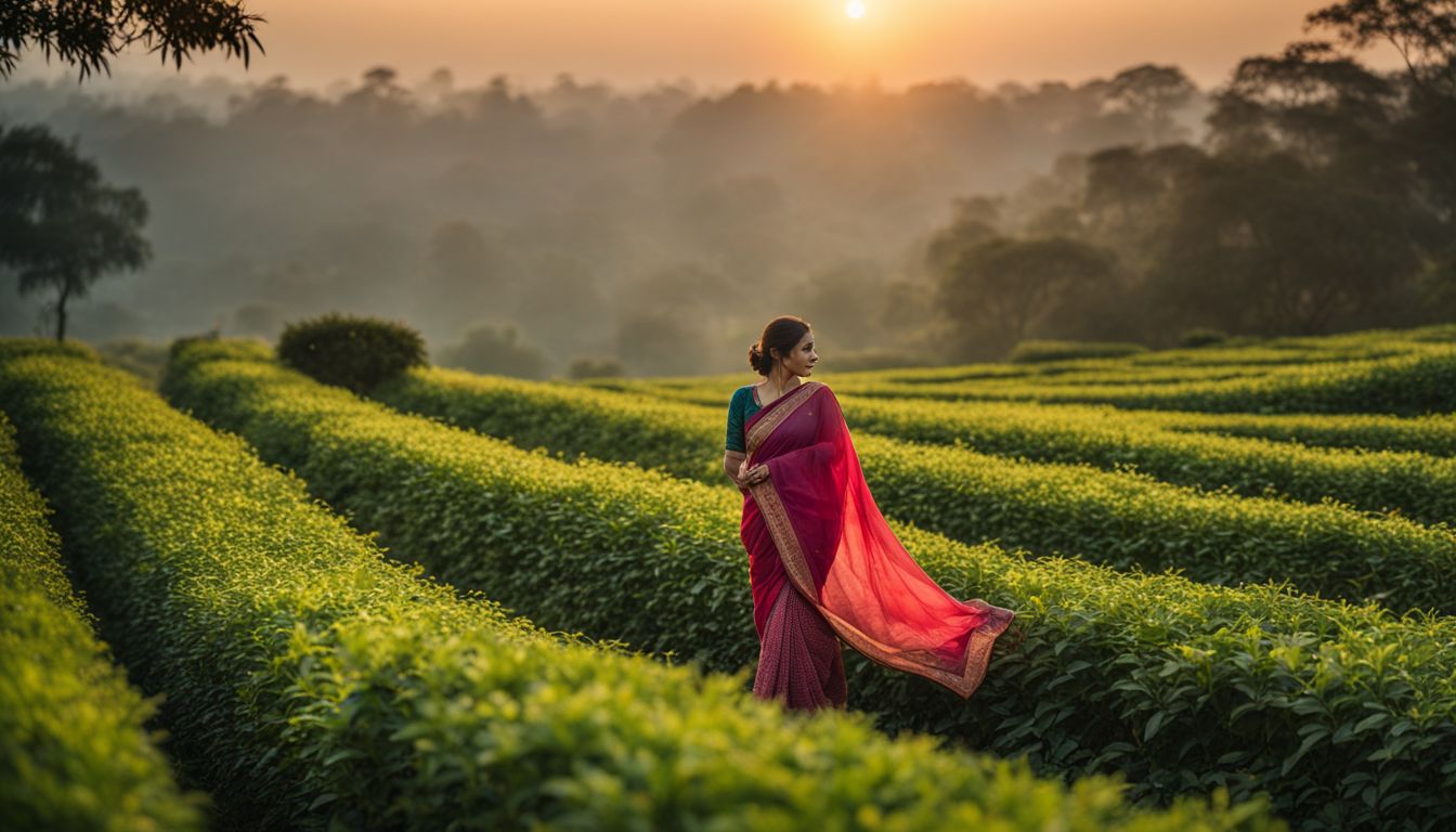A woman wearing a traditional Bangladeshi saree walks through a tea garden at sunrise.