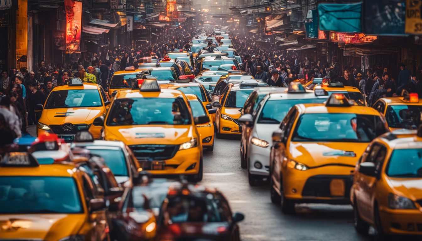 A vibrant city street filled with taxis captured in a bustling and crowded scene.