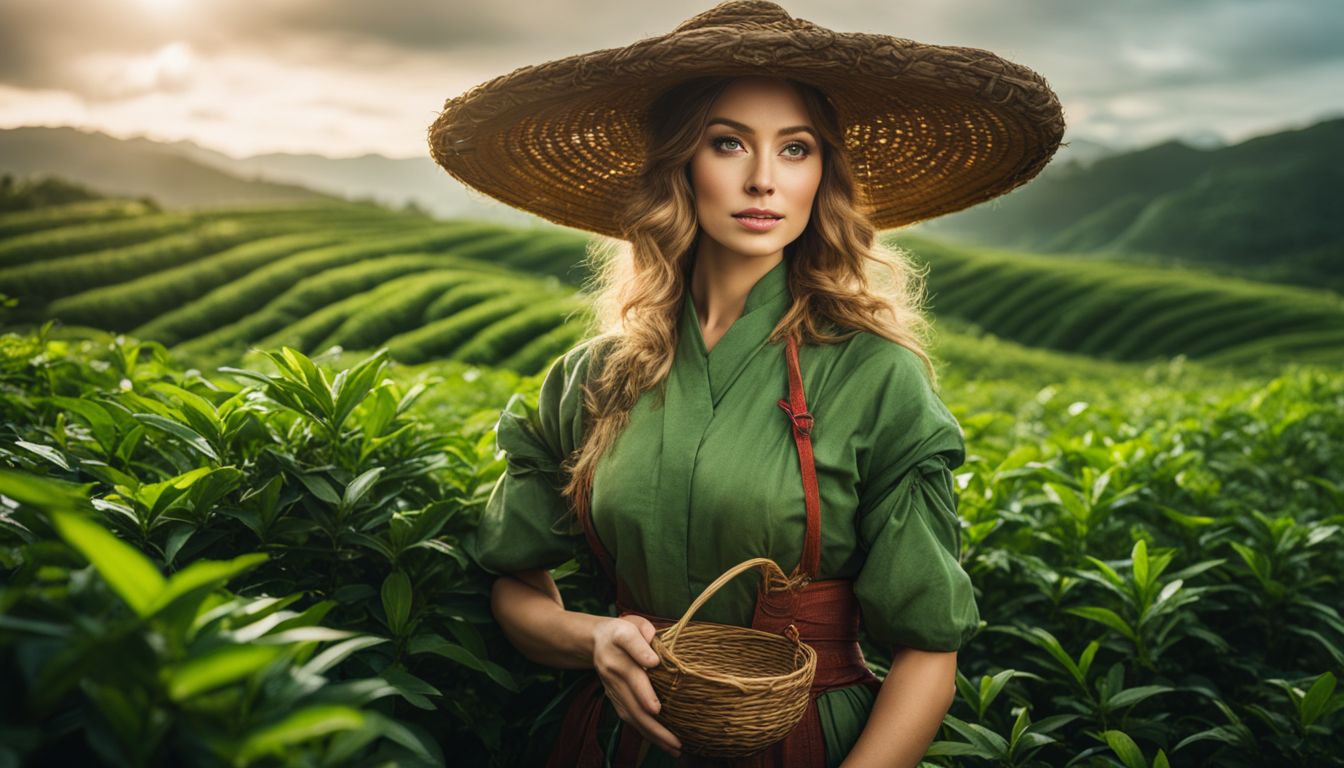 A woman dressed in traditional tea picker attire stands amidst lush green tea bushes in a highly detailed photograph.