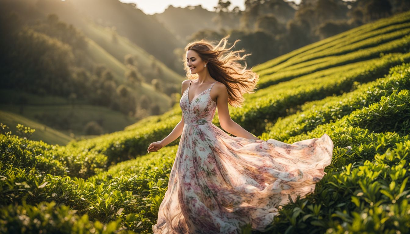 A woman in a floral dress gracefully twirls in a tea garden, showcasing the beauty of nature.