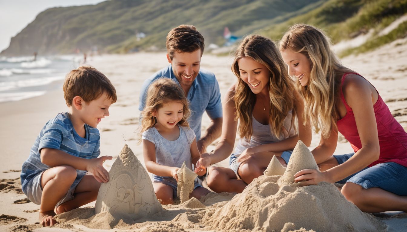 A happy family enjoys a day of building sandcastles on a beautiful beach.