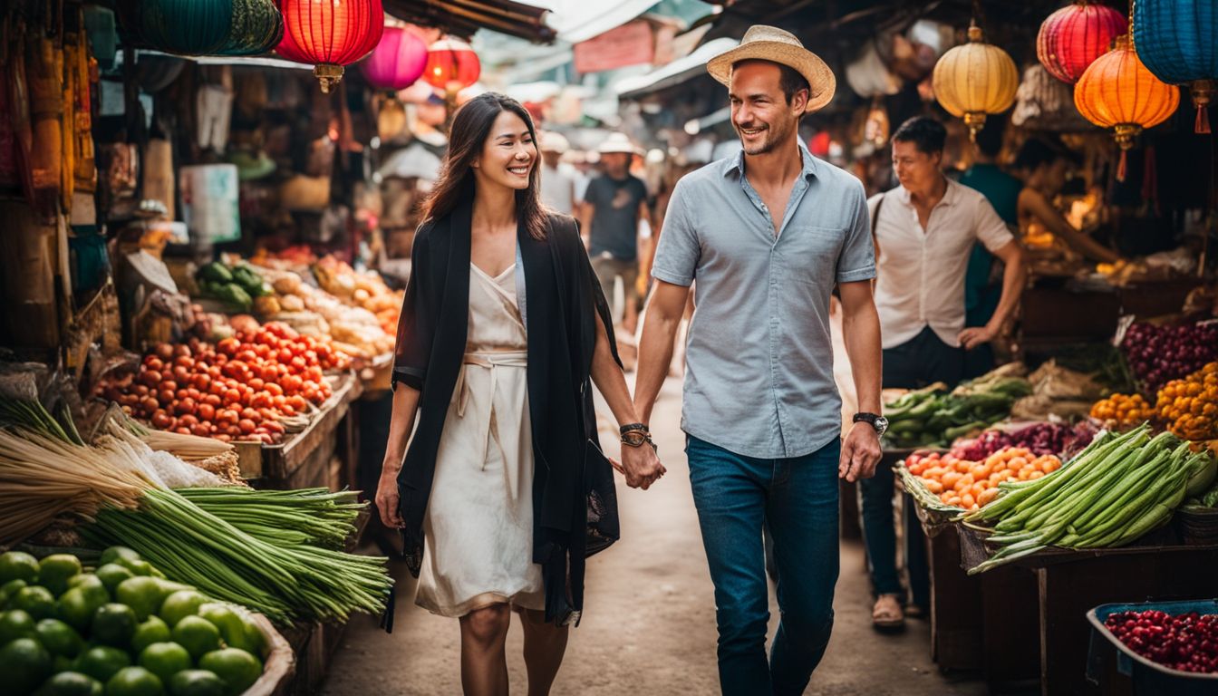 A couple exploring a lively Thai market together.