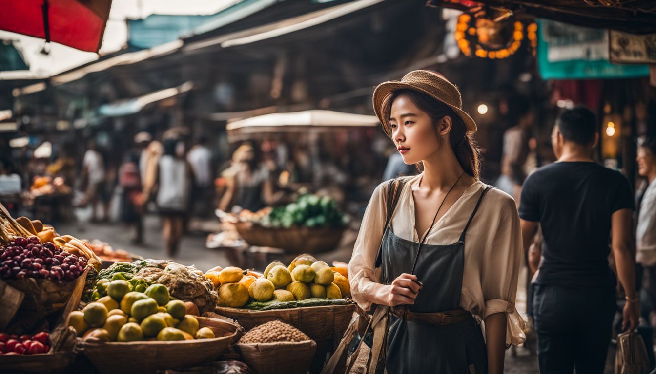 A photo of a traveler exploring a bustling vintage Thai street scene with diverse people, markets, and cityscape.